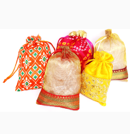 Handmakers white gift potli pouch with Ganesh print for wedding ( pack of  100pcs)